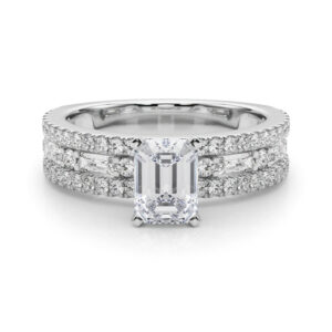 emerald cut diamond triple row engagement ring in palladium