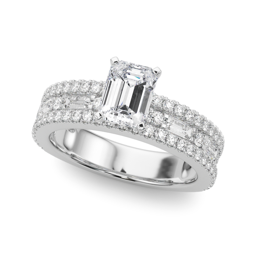 Angle view of emerald cut diamond triple row engagement ring platinum