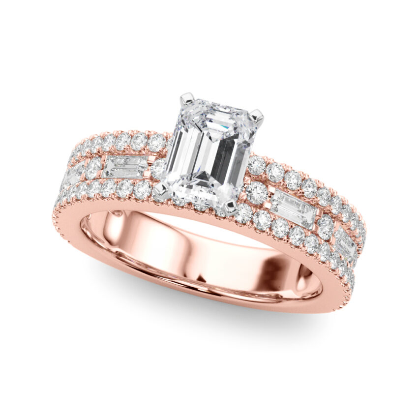 Angle view of emerald cut diamond triple row engagement ring rose gold