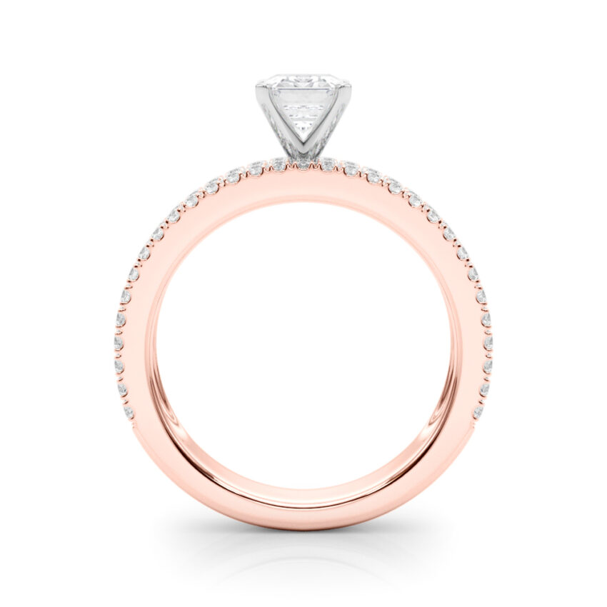Side view of emerald cut diamond triple row engagement ring rose gold