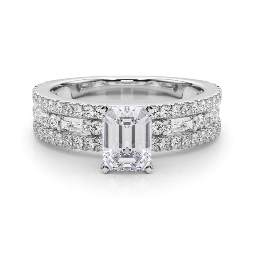 emerald cut diamond triple row engagement ring in white gold