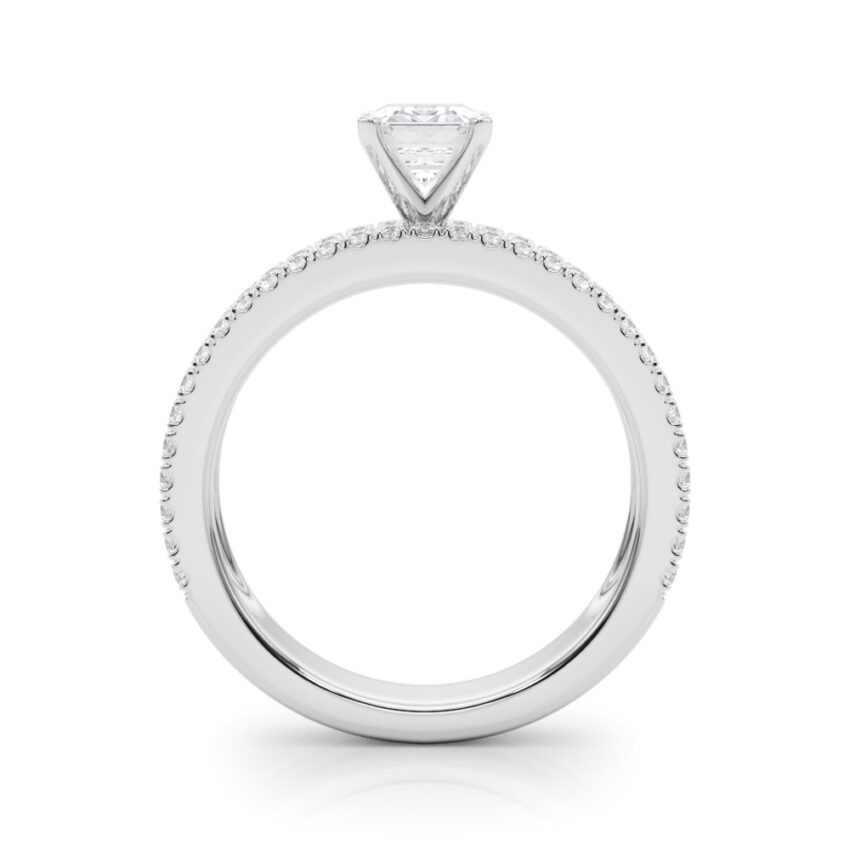 Side view of emerald cut diamond triple row engagement ring white gold