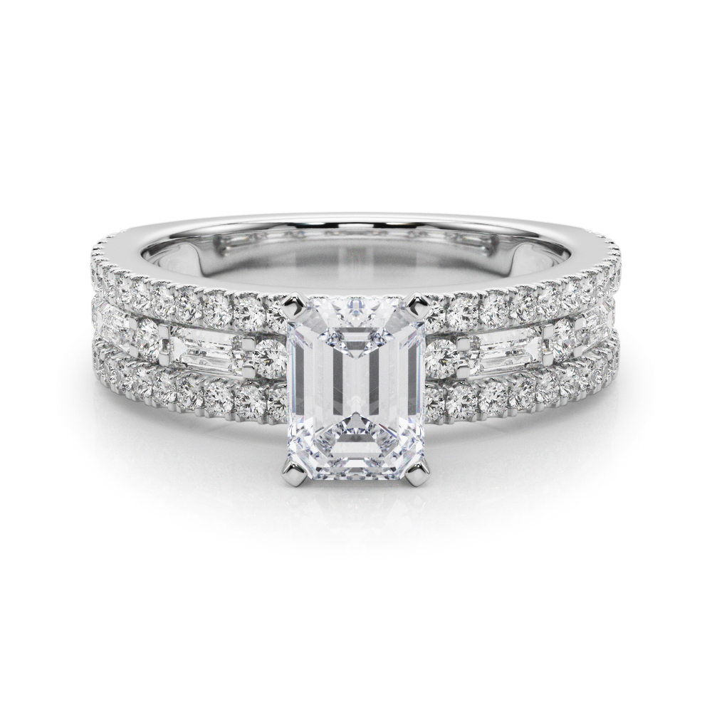 emerald cut diamond triple row engagement ring in white gold