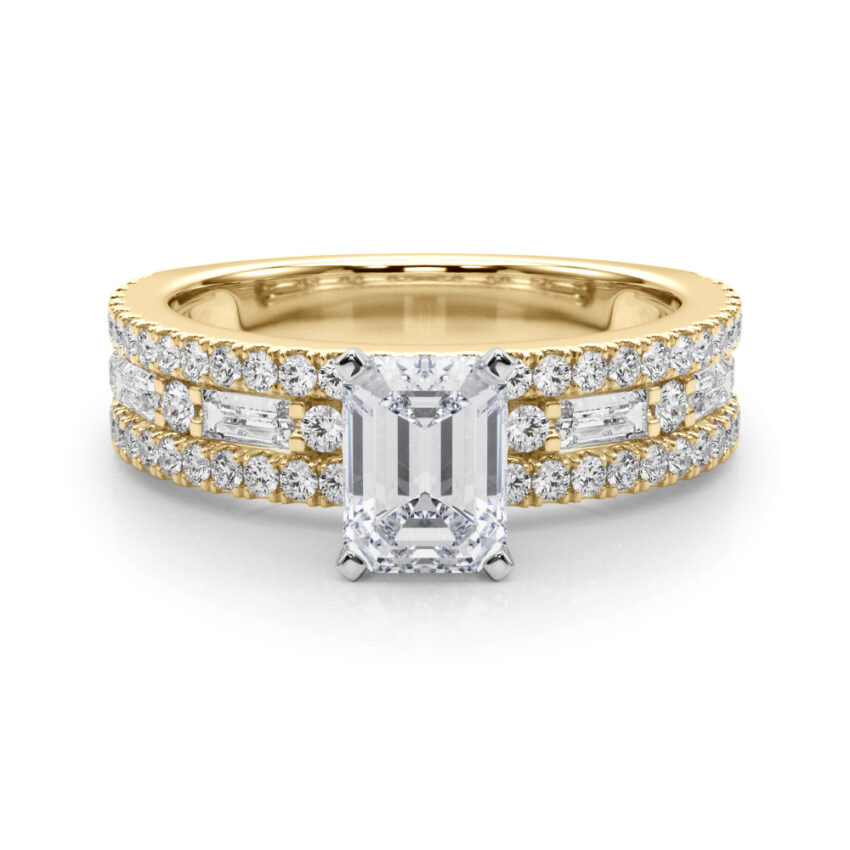 emerald cut diamond triple row engagement ring in yellow gold