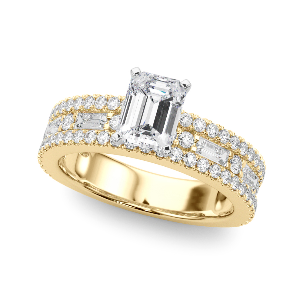 Angle view of emerald cut diamond triple row engagement ring yellow gold