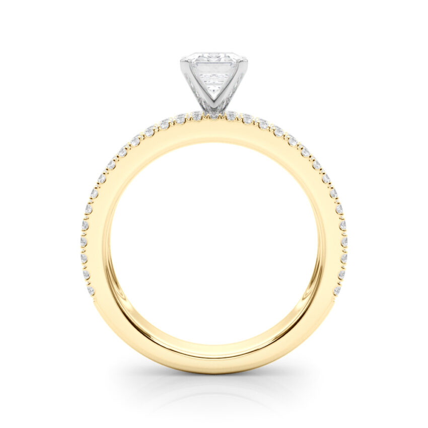 Side view of emerald cut diamond triple row engagement ring yellow gold
