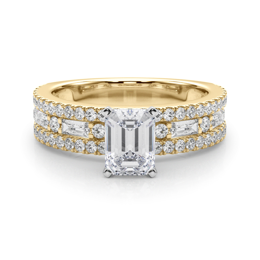 emerald cut diamond triple row engagement ring in yellow gold