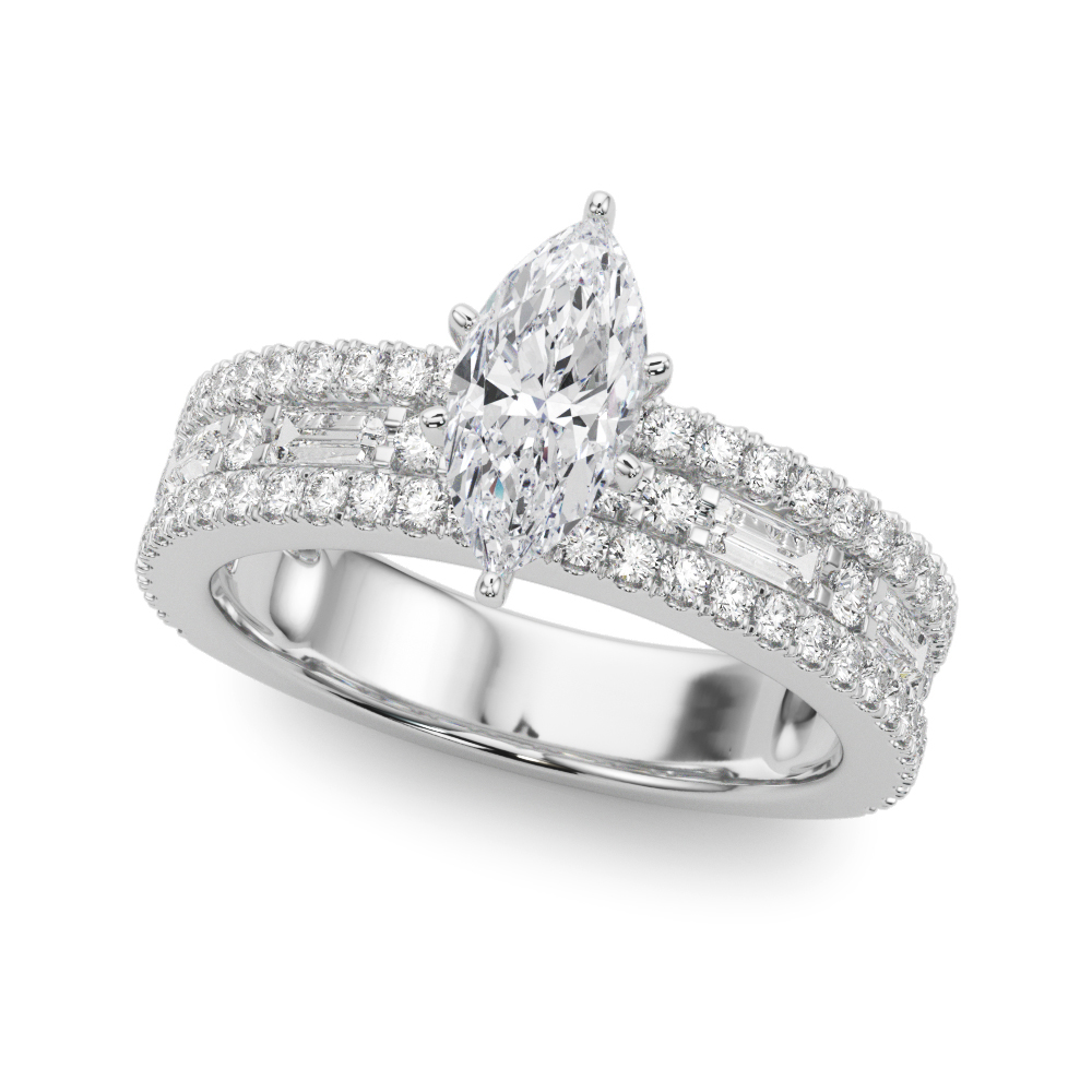 Angle view of marquise cut diamond triple row engagement ring platinum