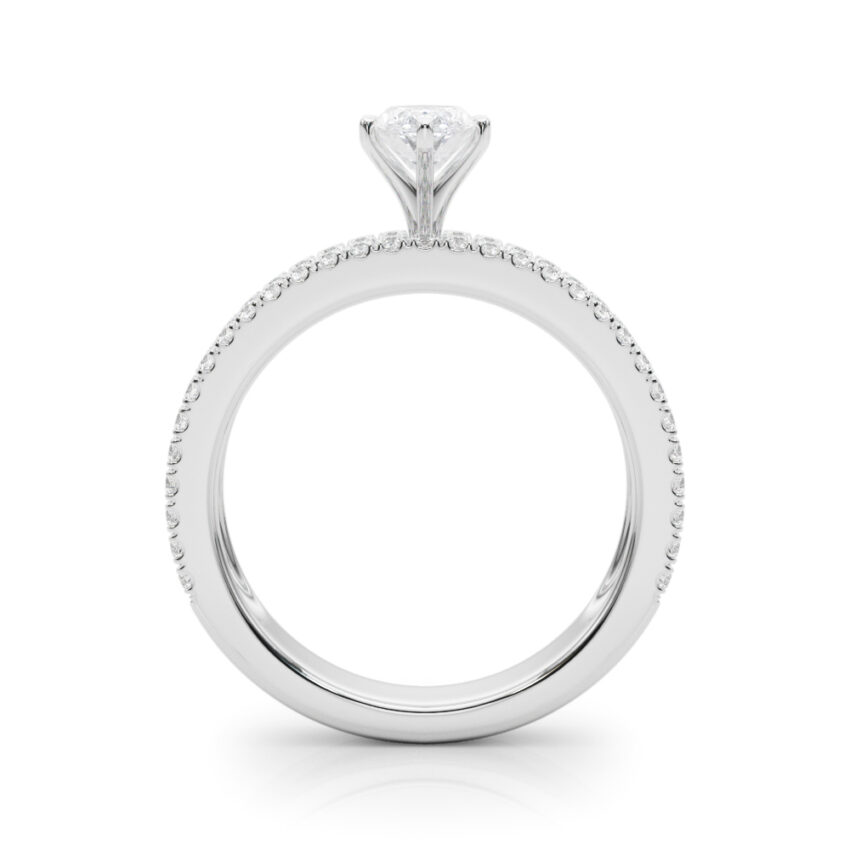 Side view of marquise cut diamond triple row engagement ring platinum