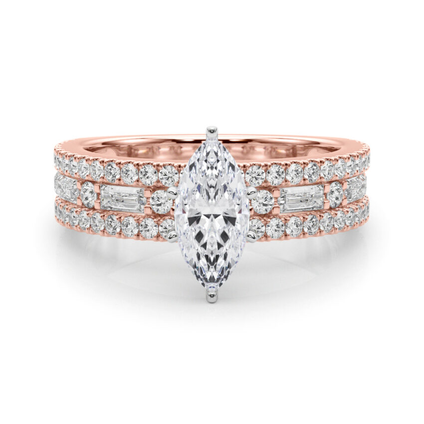 marquise cut diamond triple row engagement ring in rose gold