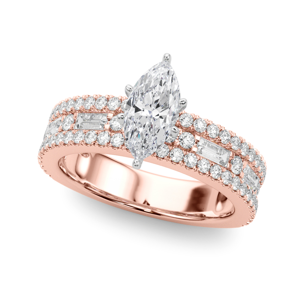 Angle view of marquise cut diamond triple row engagement ring rose gold