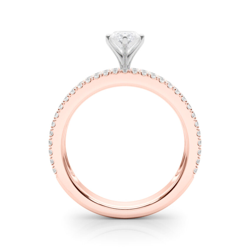 Side view of marquise cut diamond triple row engagement ring rose gold