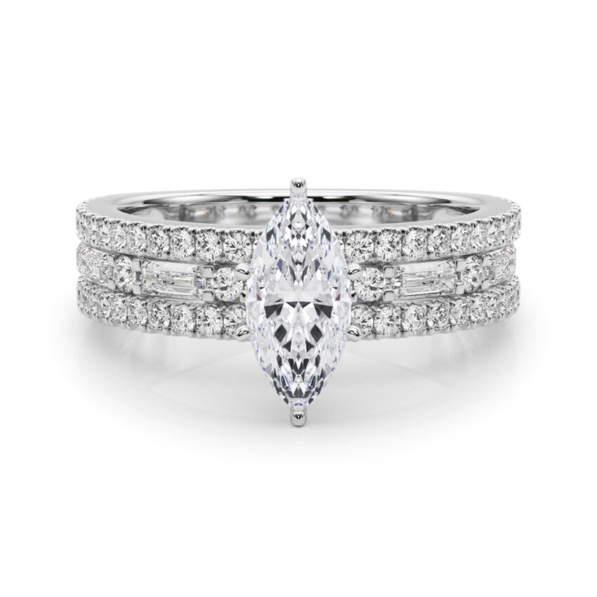 marquise cut diamond triple row engagement ring in white gold