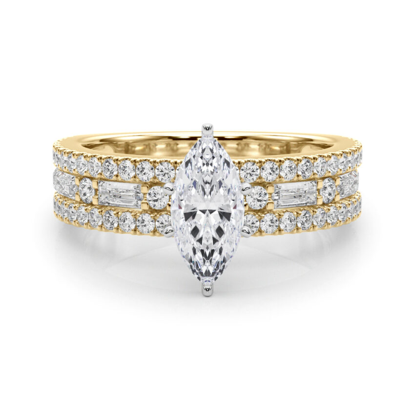 marquise cut diamond triple row engagement ring in yellow gold