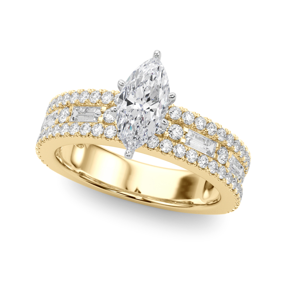 Angle view of marquise cut diamond triple row engagement ring yellow gold