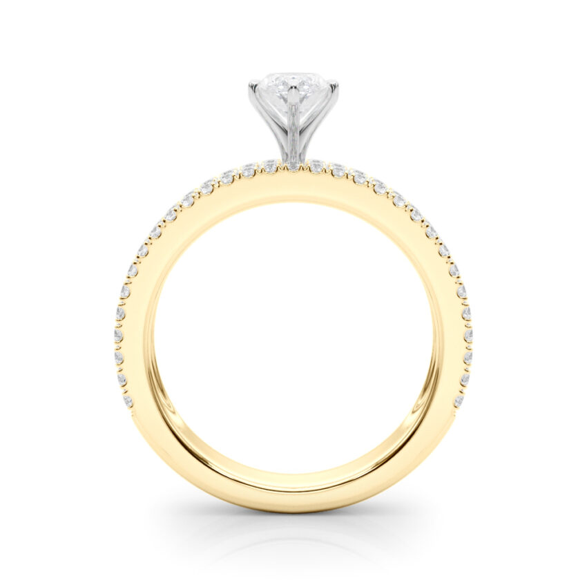 Side view of marquise cut diamond triple row engagement ring yellow gold