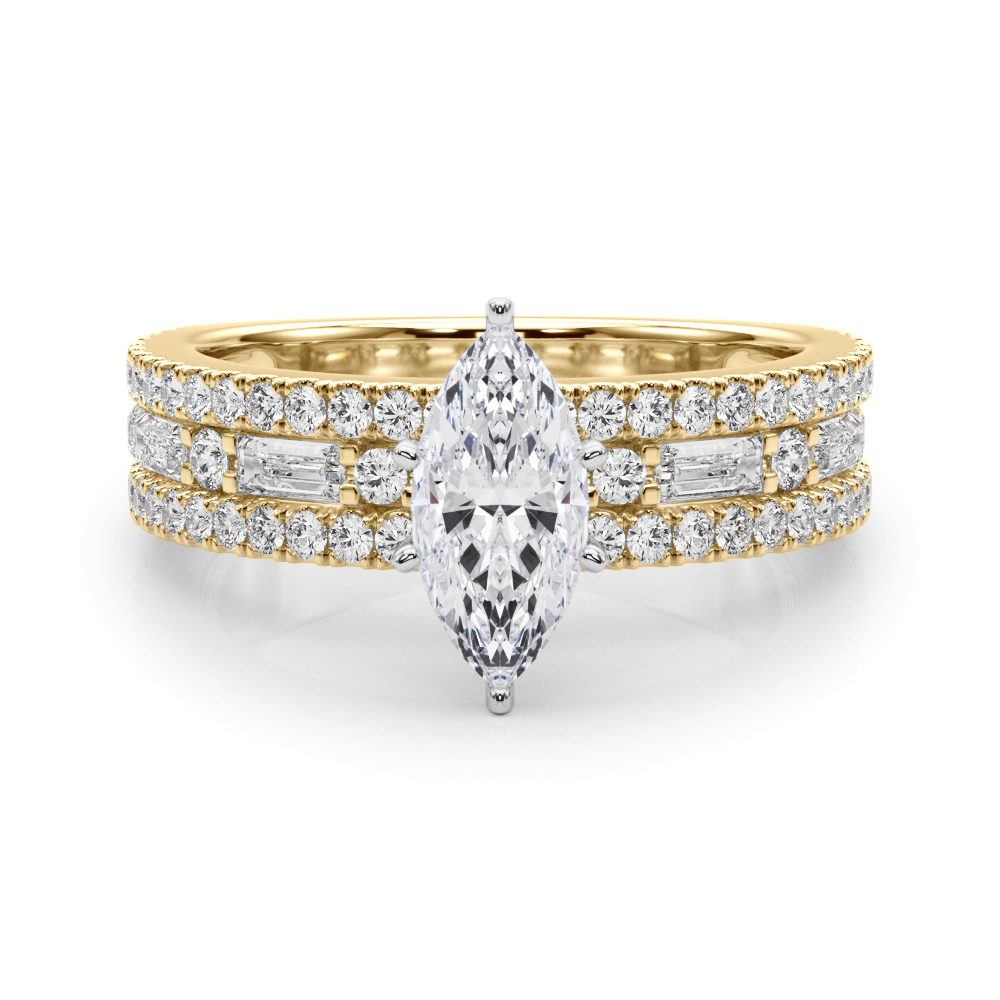 marquise cut diamond triple row engagement ring in yellow gold