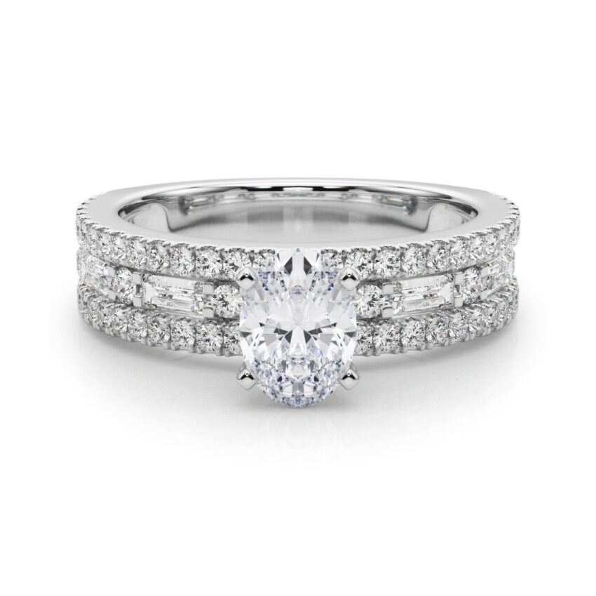 oval shape diamond triple row engagement ring in palladium