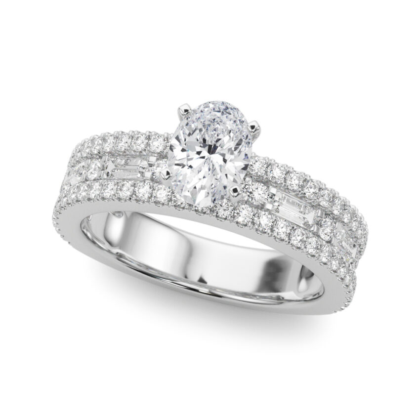 Angle view of oval shape diamond triple row engagement ring palladium
