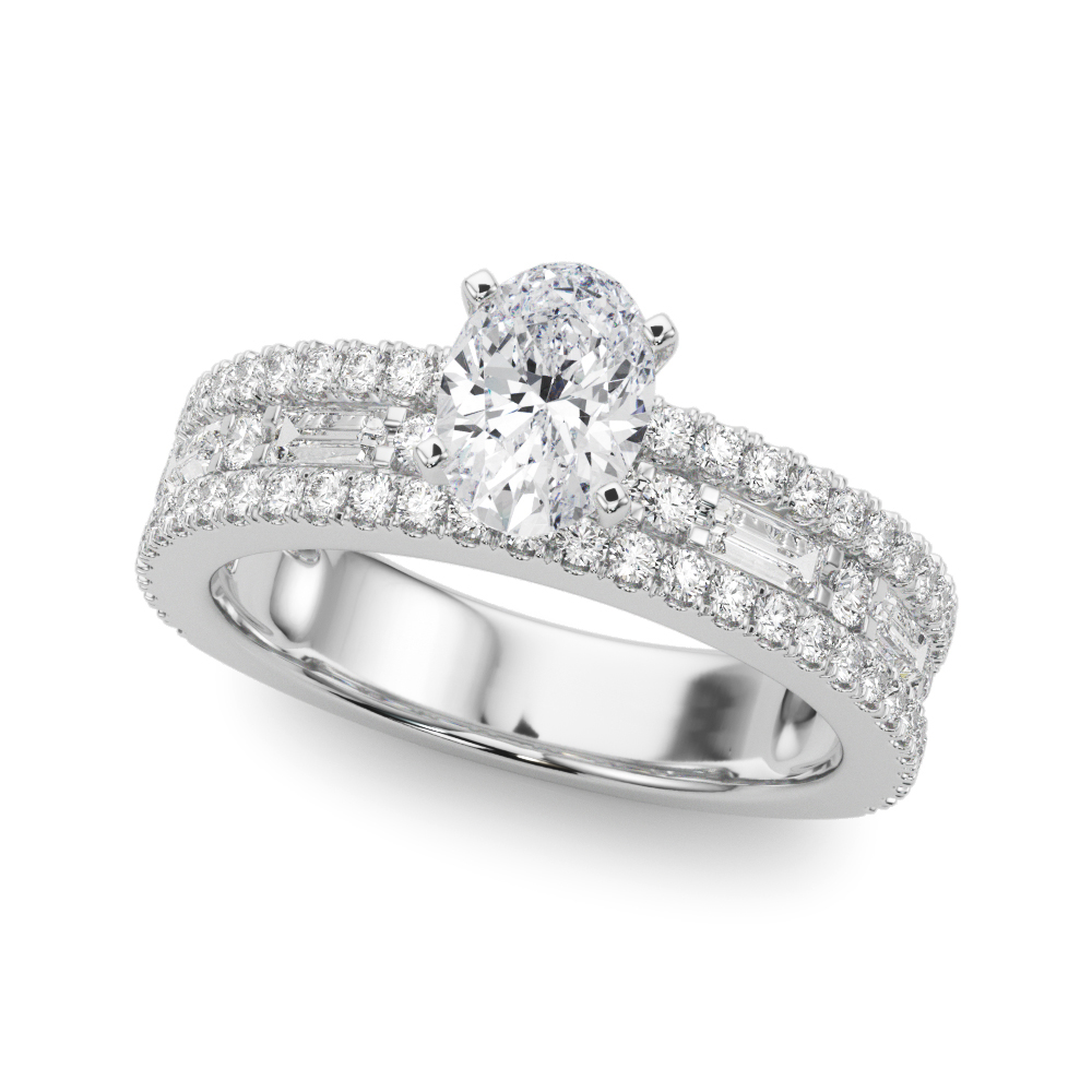 Angle view of oval shape diamond triple row engagement ring platinum