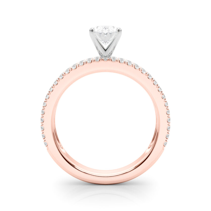 Side view of oval shape diamond triple row engagement ring rose gold