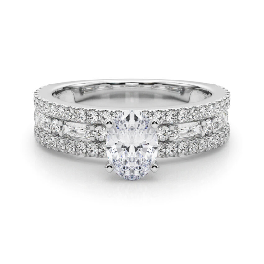 oval shape diamond triple row engagement ring in white gold