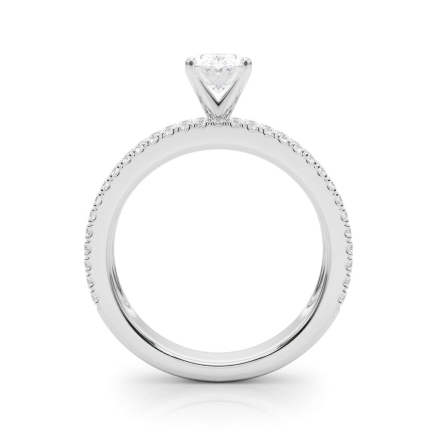 Side view of oval shape diamond triple row engagement ring white gold