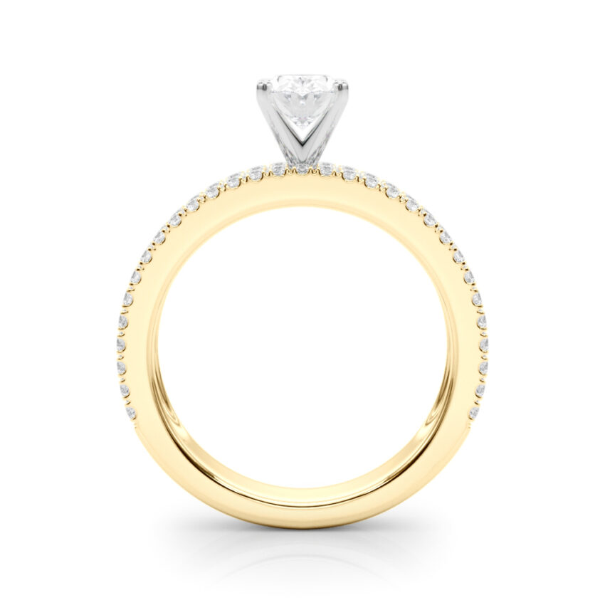 Side view of oval shape diamond triple row engagement ring yellow gold