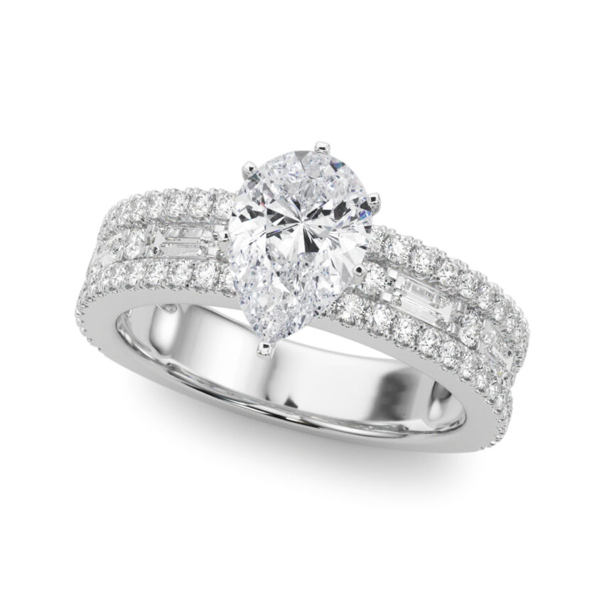 Angle view of pear shape diamond triple row engagement ring platinum