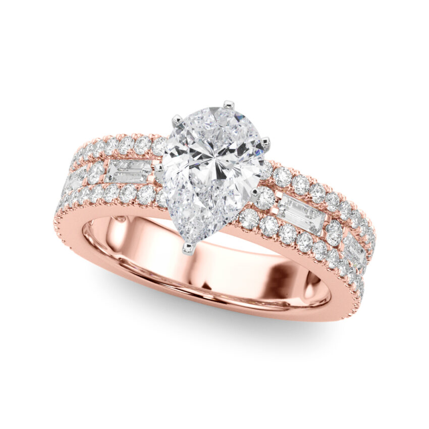Angle view of pear shape diamond triple row engagement ring rose gold