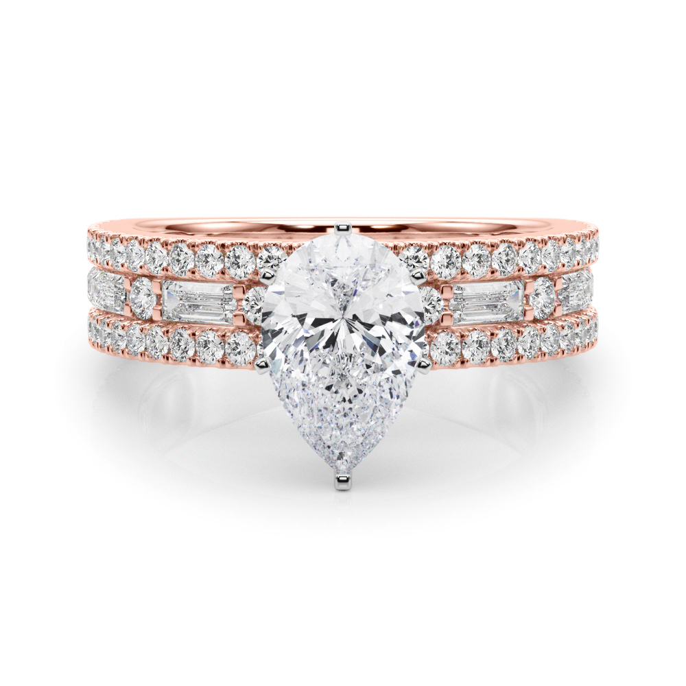 pear shape diamond triple row engagement ring in rose gold