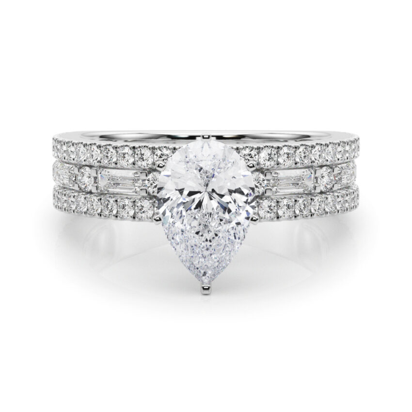 pear shape diamond triple row engagement ring in white gold