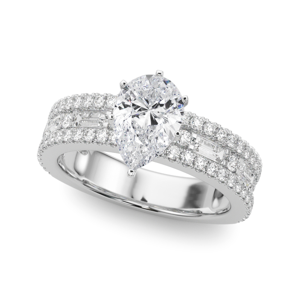 Angle view of pear shape diamond triple row engagement ring white gold