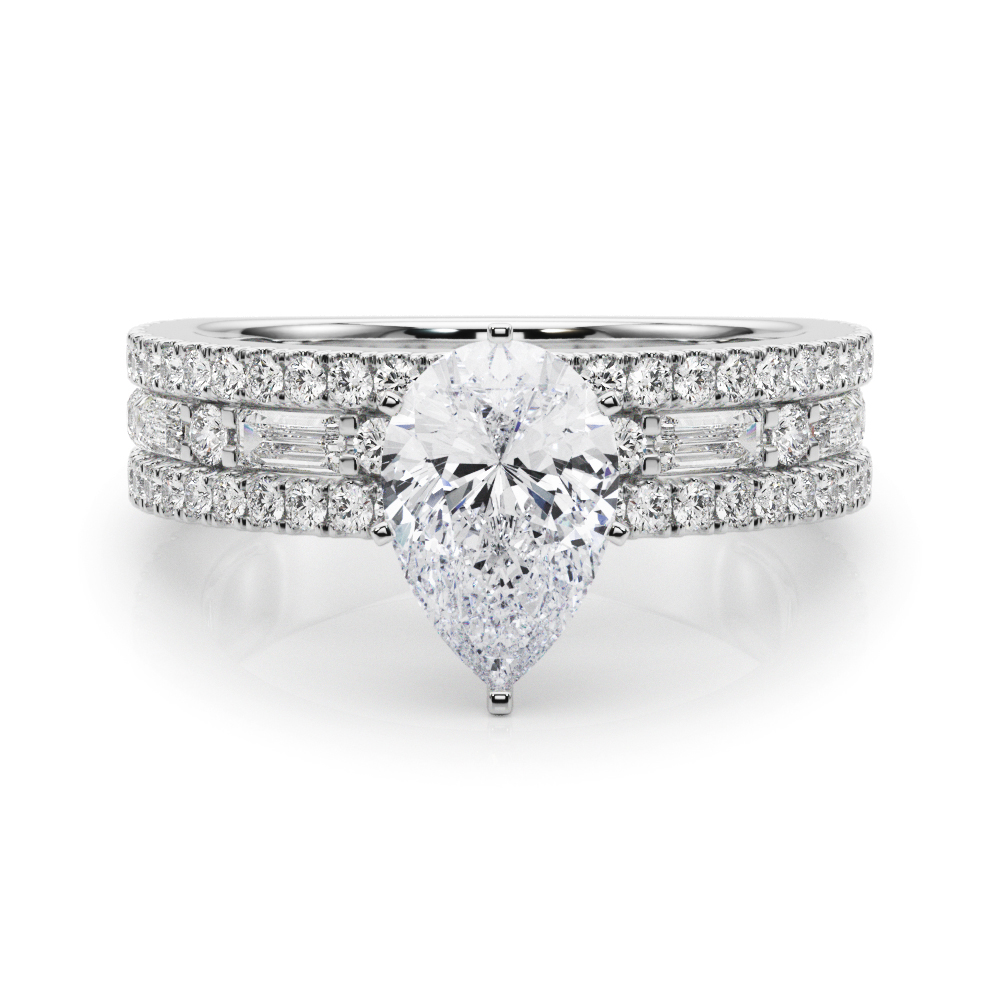 pear shape diamond triple row engagement ring in white gold