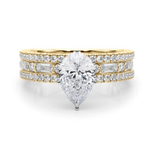 pear shape diamond triple row engagement ring in yellow gold