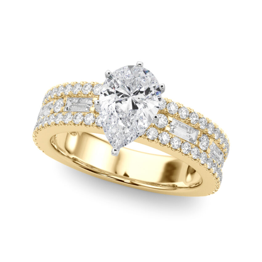 Angle view of pear shape diamond triple row engagement ring yellow gold