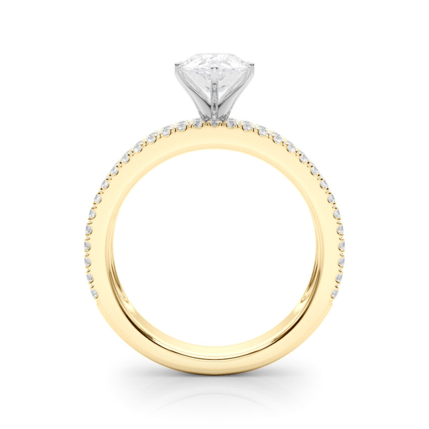 Side view of pear shape diamond triple row engagement ring yellow gold