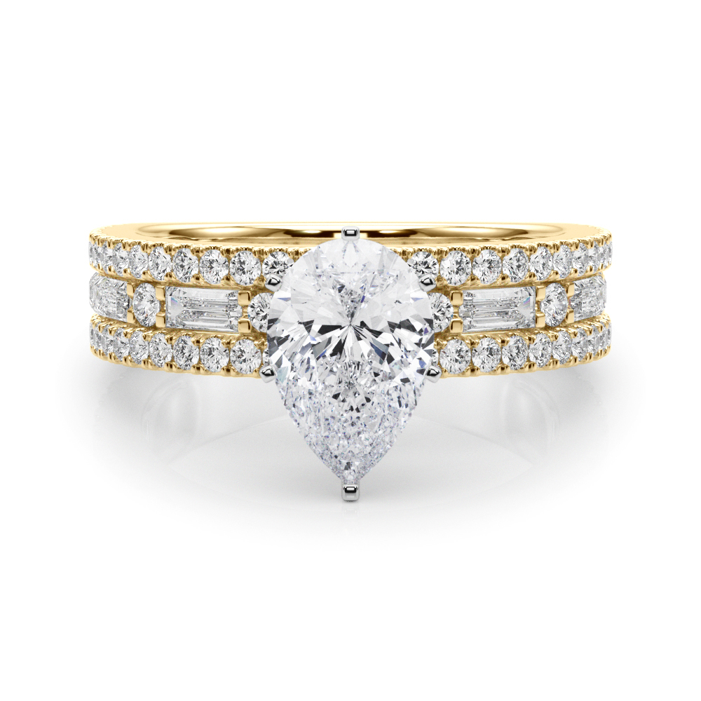 pear shape diamond triple row engagement ring in yellow gold