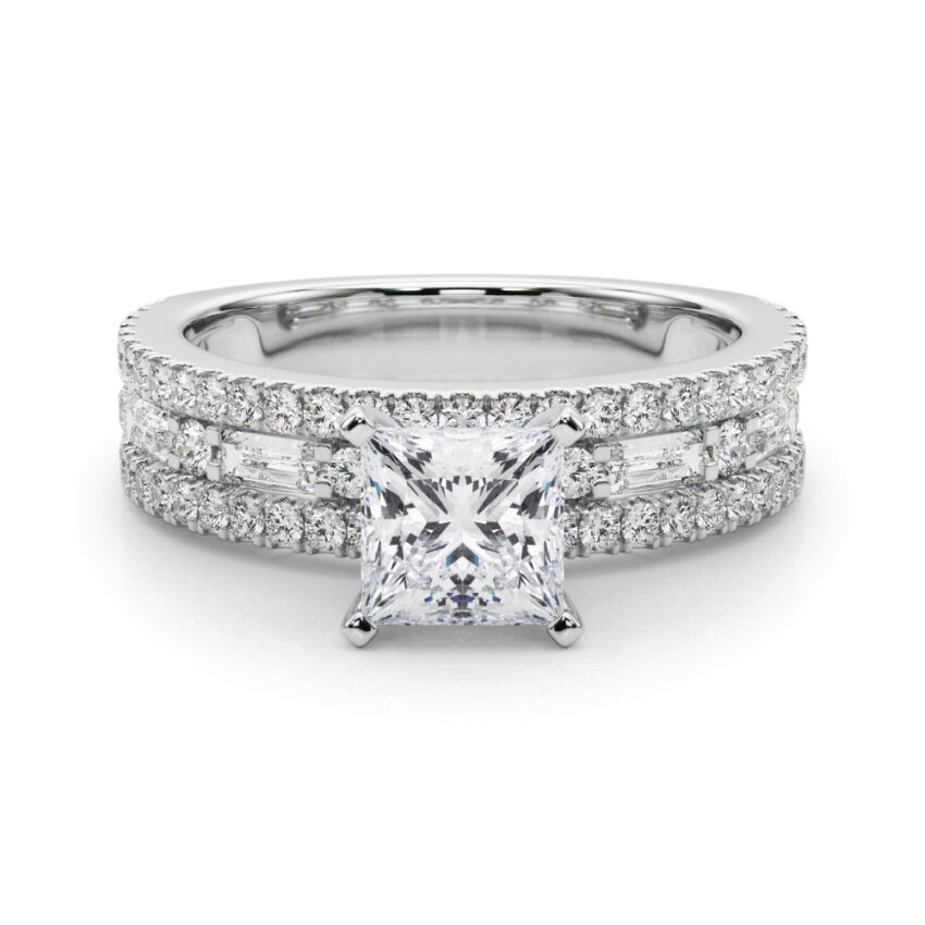 princess cut diamond triple row engagement ring in palladium