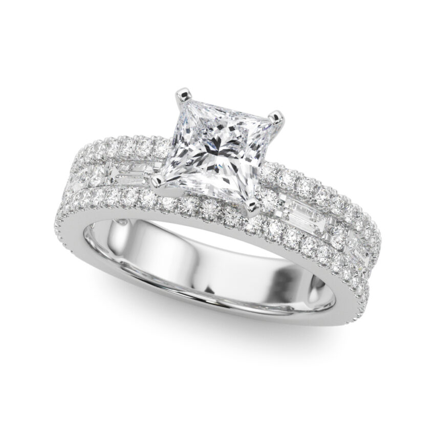 Angle view of princess cut diamond triple row engagement ring palladium