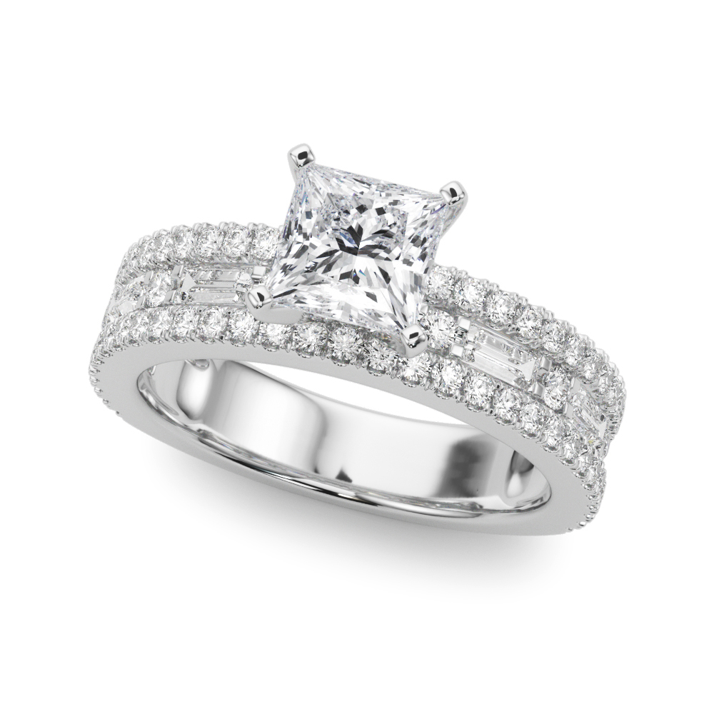 Angle view of princess cut diamond triple row engagement ring palladium