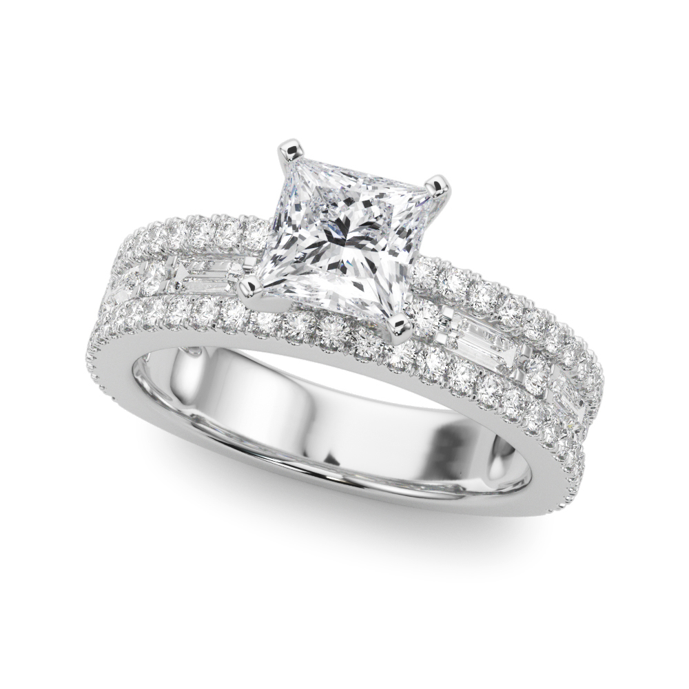 Angle view of princess cut diamond triple row engagement ring platinum