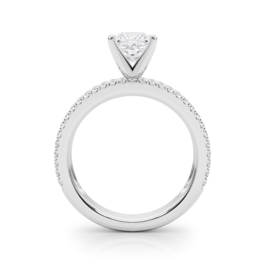 Side view of princess cut diamond triple row engagement ring platinum