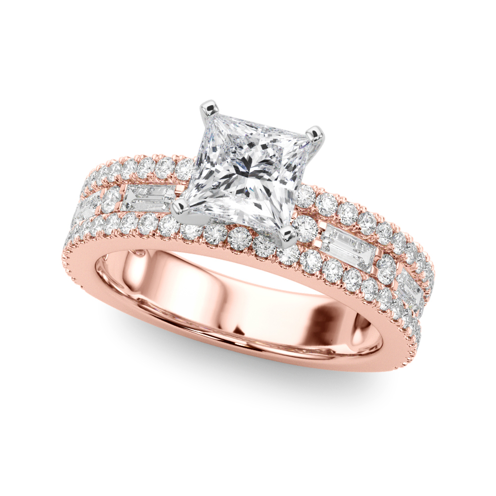 Angle view of princess cut diamond triple row engagement ring rose gold