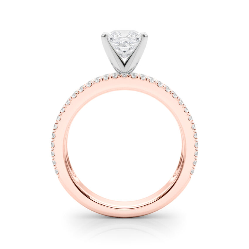 Side view of princess cut diamond triple row engagement ring rose gold