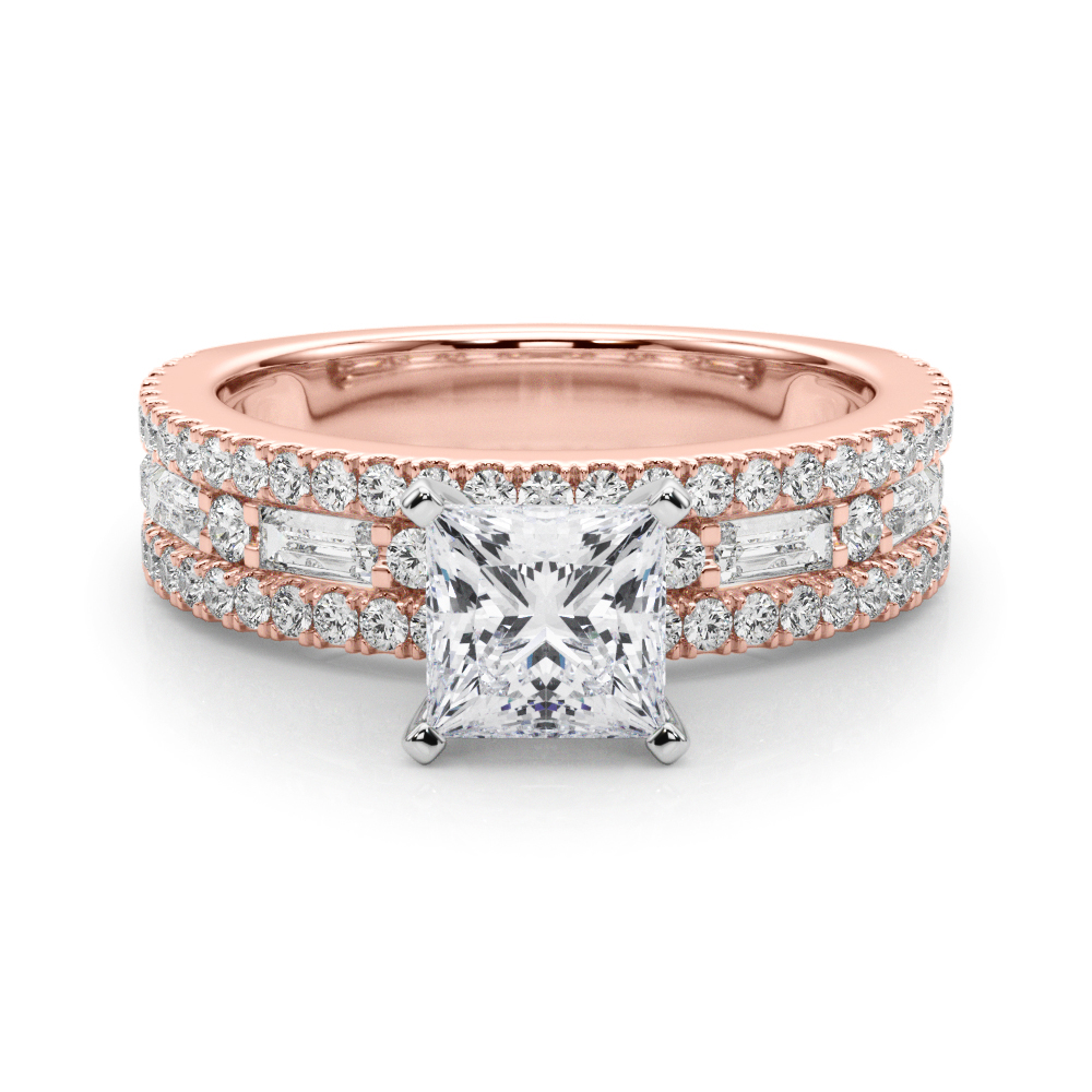 princess cut diamond triple row engagement ring in rose gold