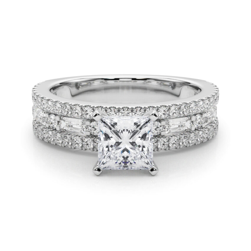 princess cut diamond triple row engagement ring in white gold