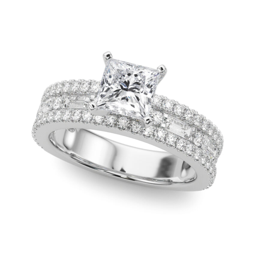 Angle view of princess cut diamond triple row engagement ring white gold