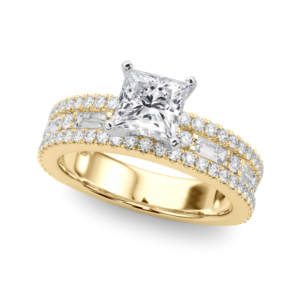 Angle view of princess cut diamond triple row engagement ring yellow gold