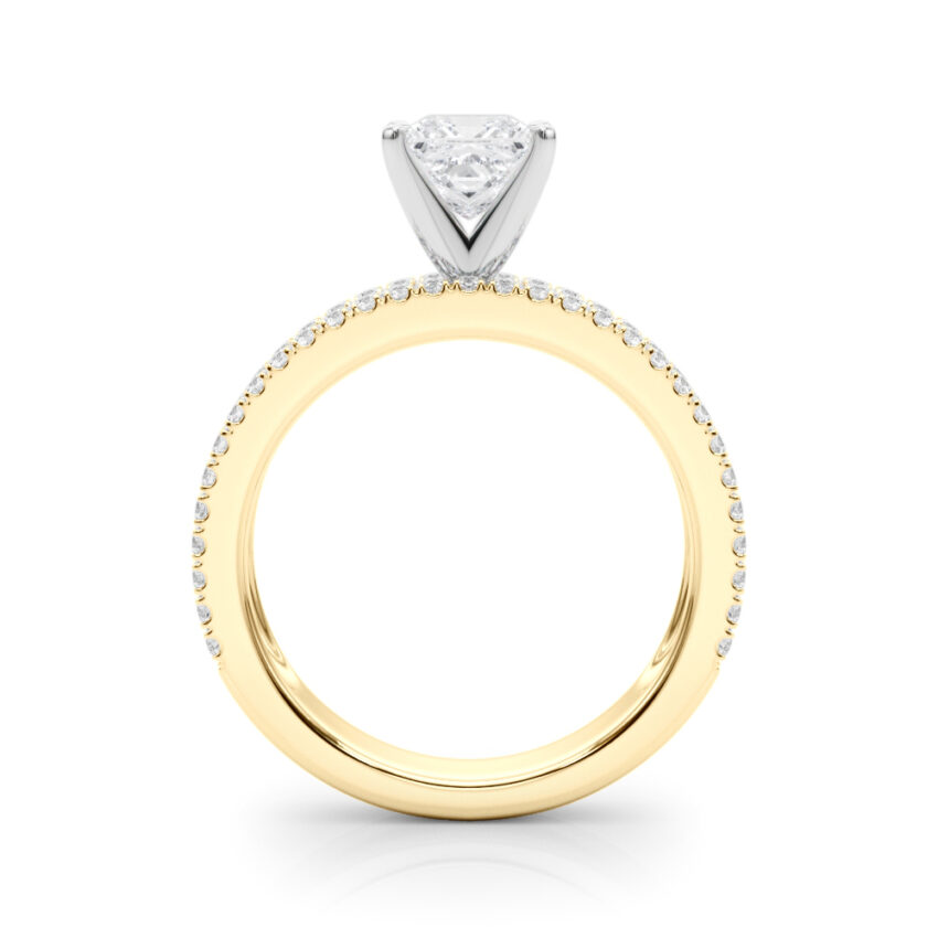 Side view of princess cut diamond triple row engagement ring yellow gold